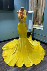 Newinlook Yellow Halter Sleeveless Beading Mermaid Evening Dress